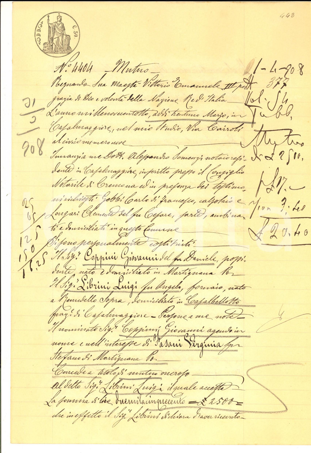 Documento originale, autentico 1908 CASALBELLOTTO CR Luigi LIBRINI riceve prestito da Giovanni COPPINI 1