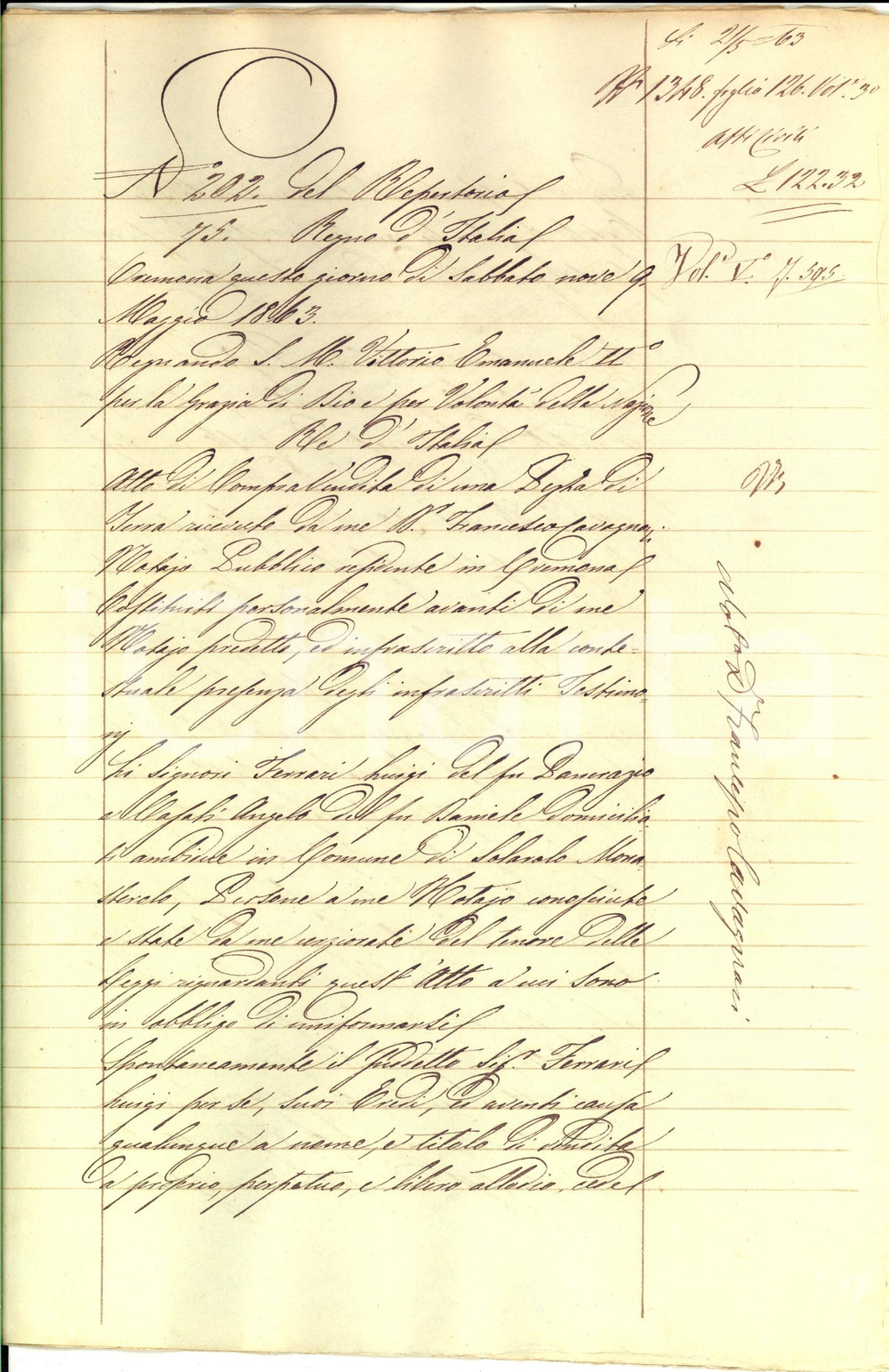 Documento originale, autentico 1863 SOLAROLO MONASTEROLO Luigi FERRARI vende terra CAMPAZZO ad Angelo CASALI 1