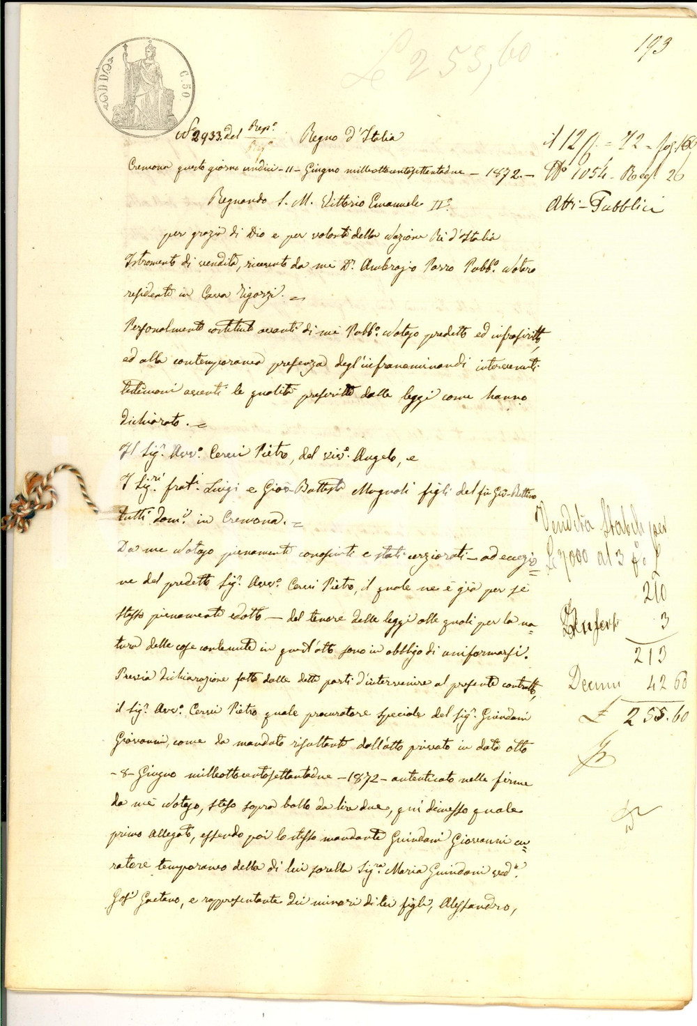 Documento originale, autentico 1872 CREMONA Fratelli GUINDANI vendono casa con bottega a fratelli MAGNOLI 1