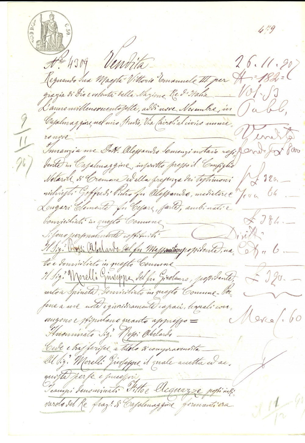 Documento originale, autentico 1907 RIVAROLO DEL RE Abelardo ROSSI vende campo FITTO a Giuseppe MORELLI 1