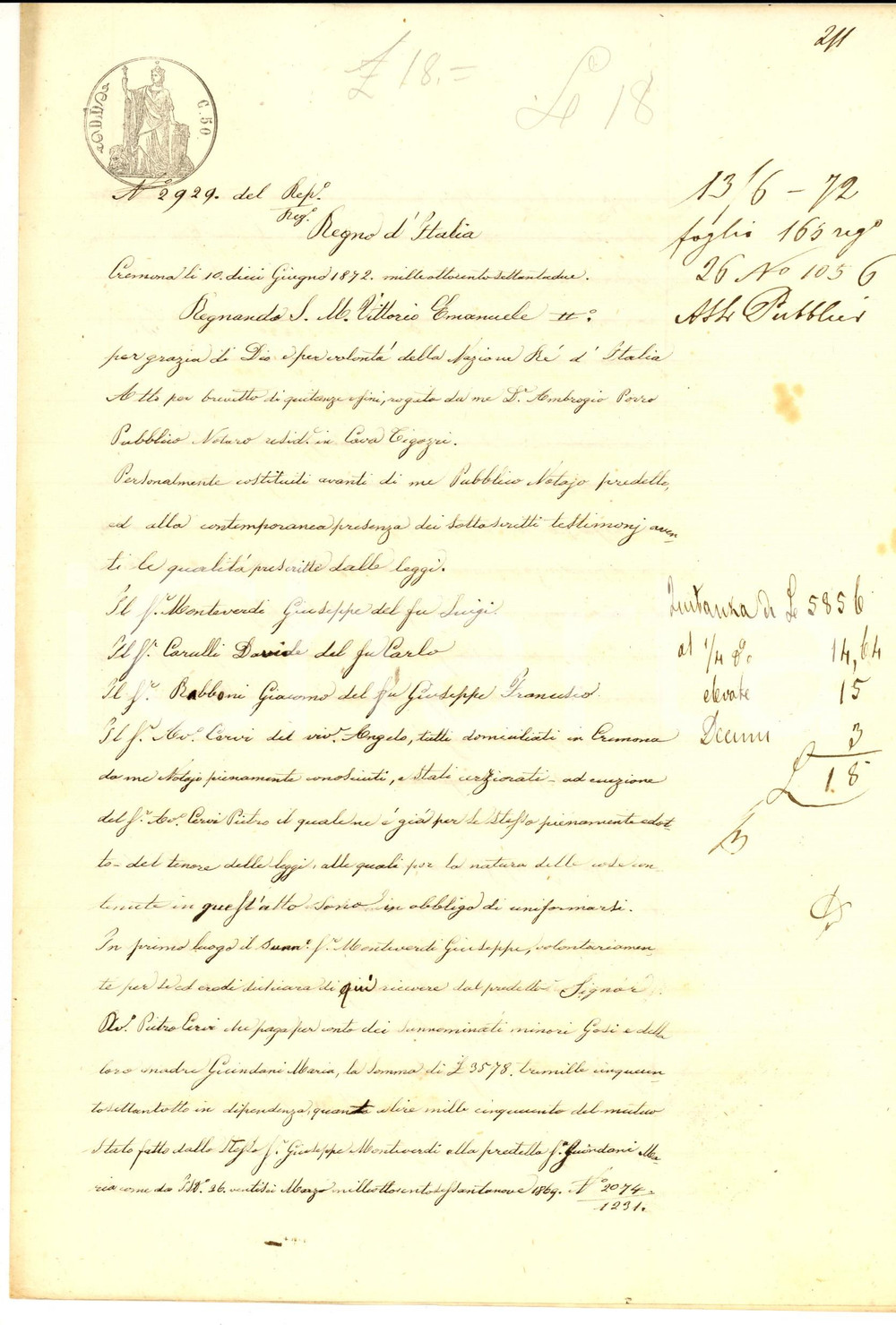 Documento originale, autentico 1872 CREMONA Quietanza di Giuseppe MONTEVERDI all avvocato Pietro CERVI 1