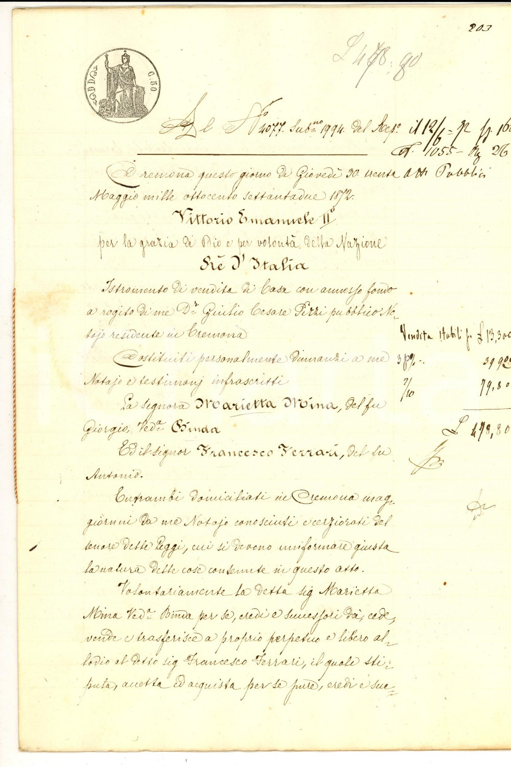 Documento originale, autentico 1872 DUEMIGLIA / CREMONA Marietta MINA BINDA vende casa a Francesco FERRARI 1