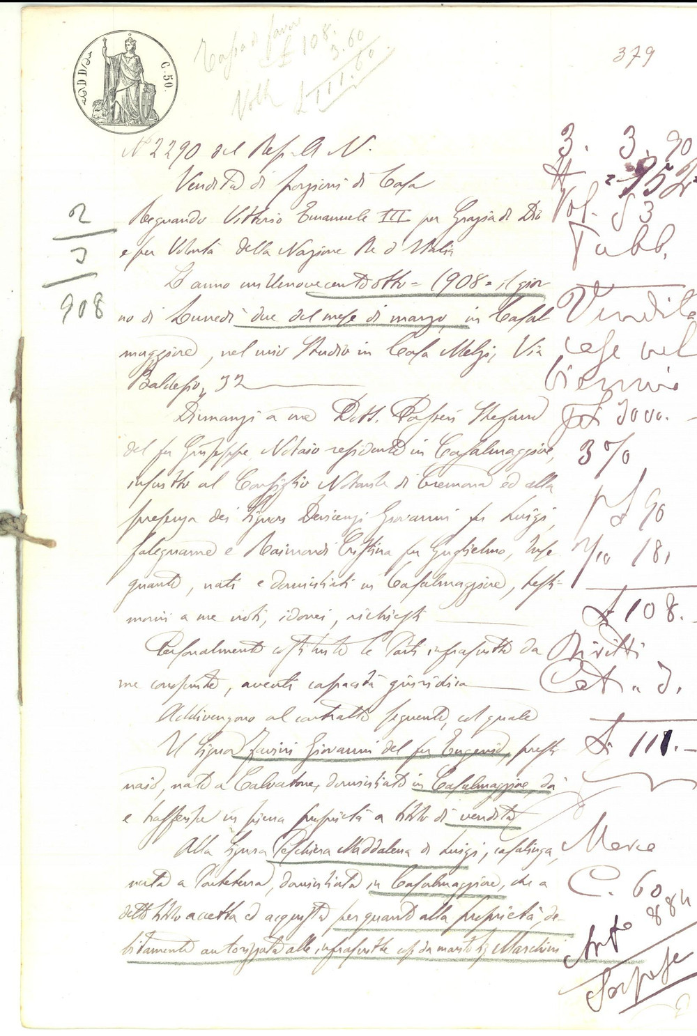 Documento originale, autentico 1908 CASALMAGGIORE Giovanni FARINI vende porzione di casa a Maddalena PESCHIERA 1