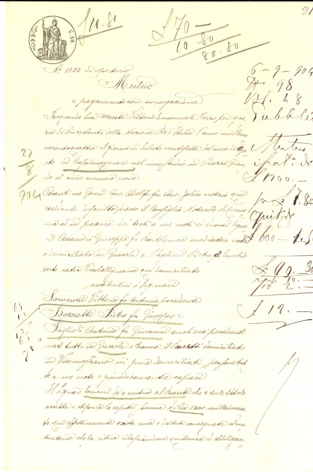 Documento originale, autentico 1904 VICOMOSCANO CR Prestito di Vittorio SOMENZI a Pietro BOZZETTI Manoscritto 1