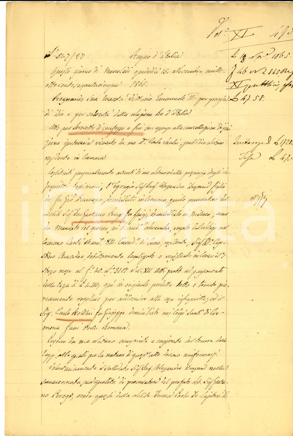 Documento originale, autentico 1865 CREMONA Quietanza del nobile Gaetano PEREGO a Carlo BOLLINI Manoscritto 1