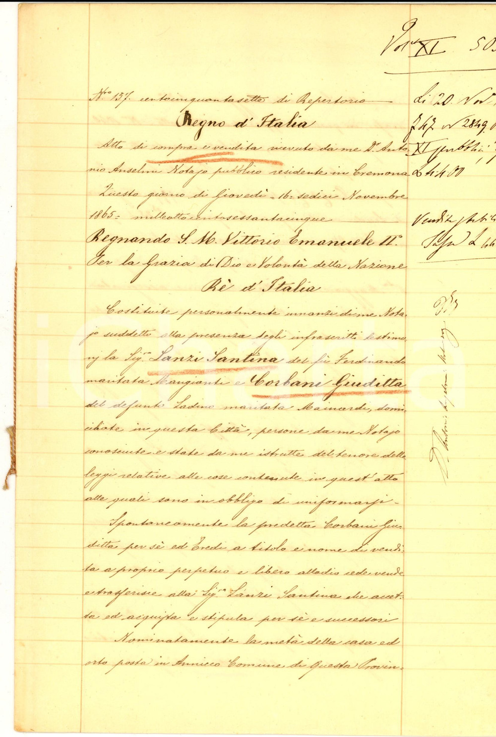 Documento originale, autentico 1865 ANNICCO CR Giuditta CORBANI vende porzione di casa a Santina LANZI 1