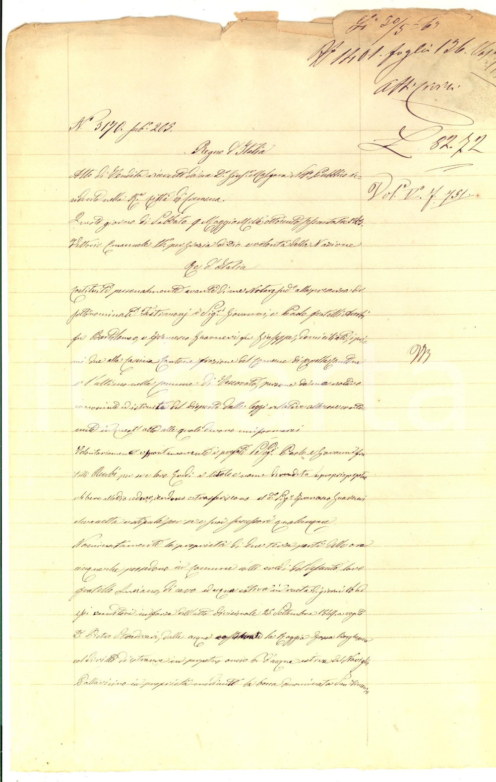 Documento originale, autentico 1863 CASALBUTTANO Paolo e Giovanni ACERBI vendono ore acqua FOSSA BORGHESANA 1