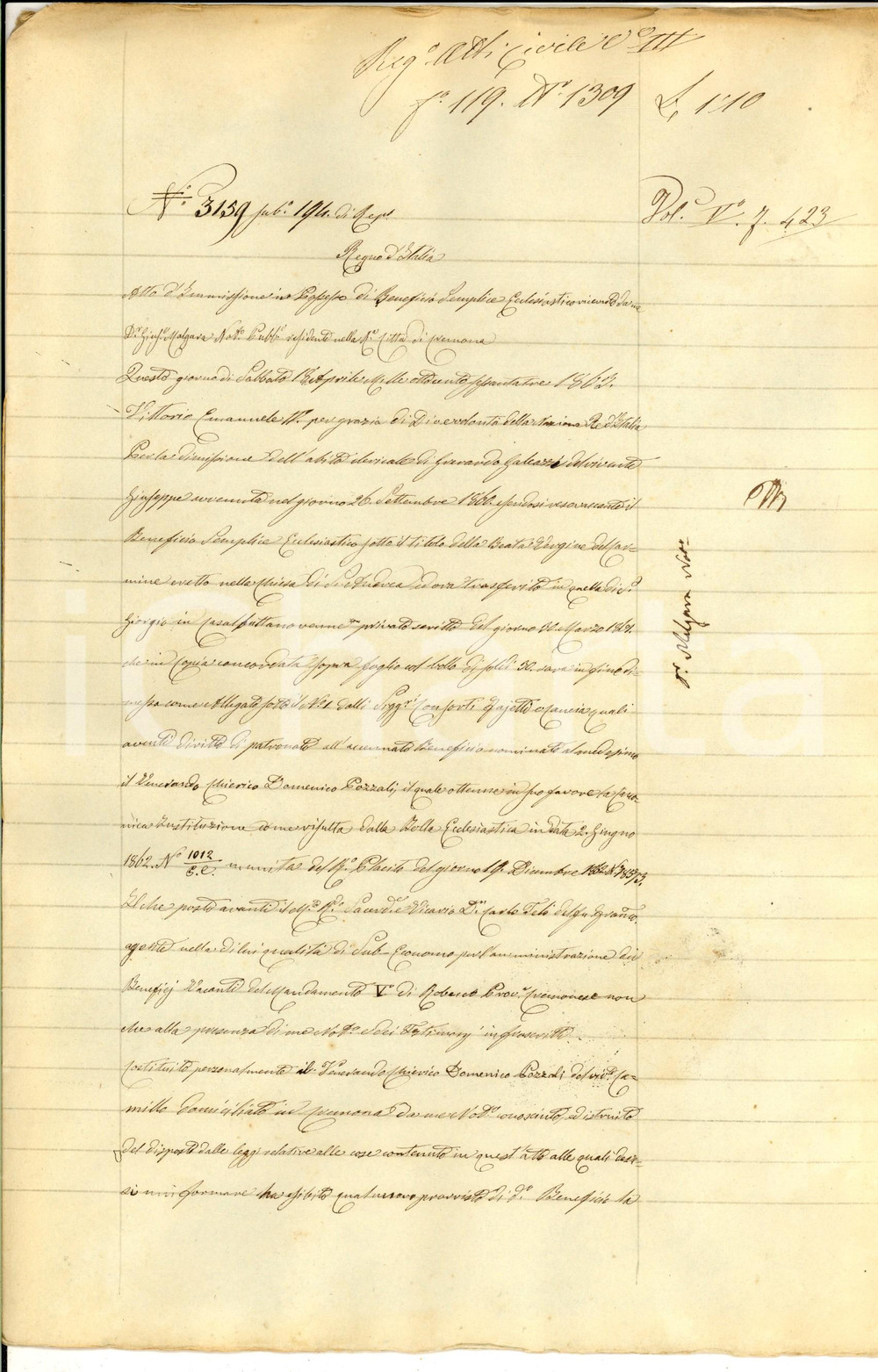 Documento originale, autentico 1863 CASALBUTTANO Chierico Domenico POZZALI ottiene beneficio ecclesiastico 1