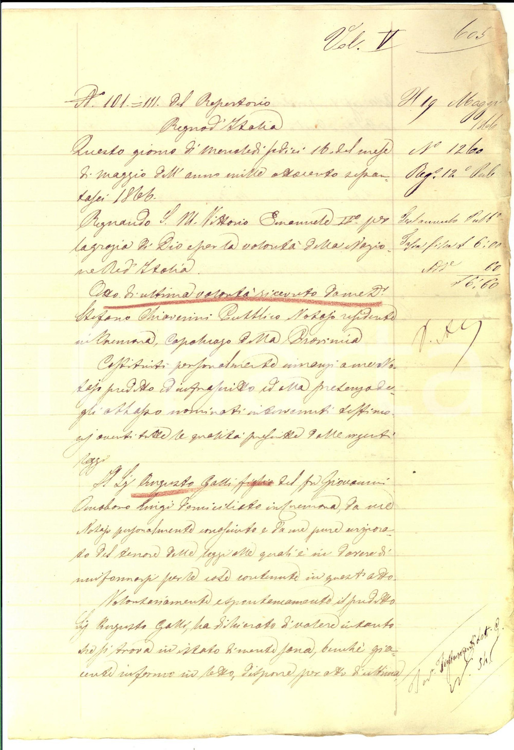 Documento originale, autentico 1866 CREMONA Testamento Augusto GALLI a favore della madre Teresa Manoscritto 1