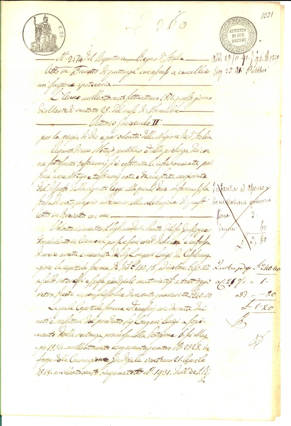 Documento originale, autentico 1866 CREMONA Atto di quietanza di Sante BANDERA a Luigi LONGARI Manoscritto 1