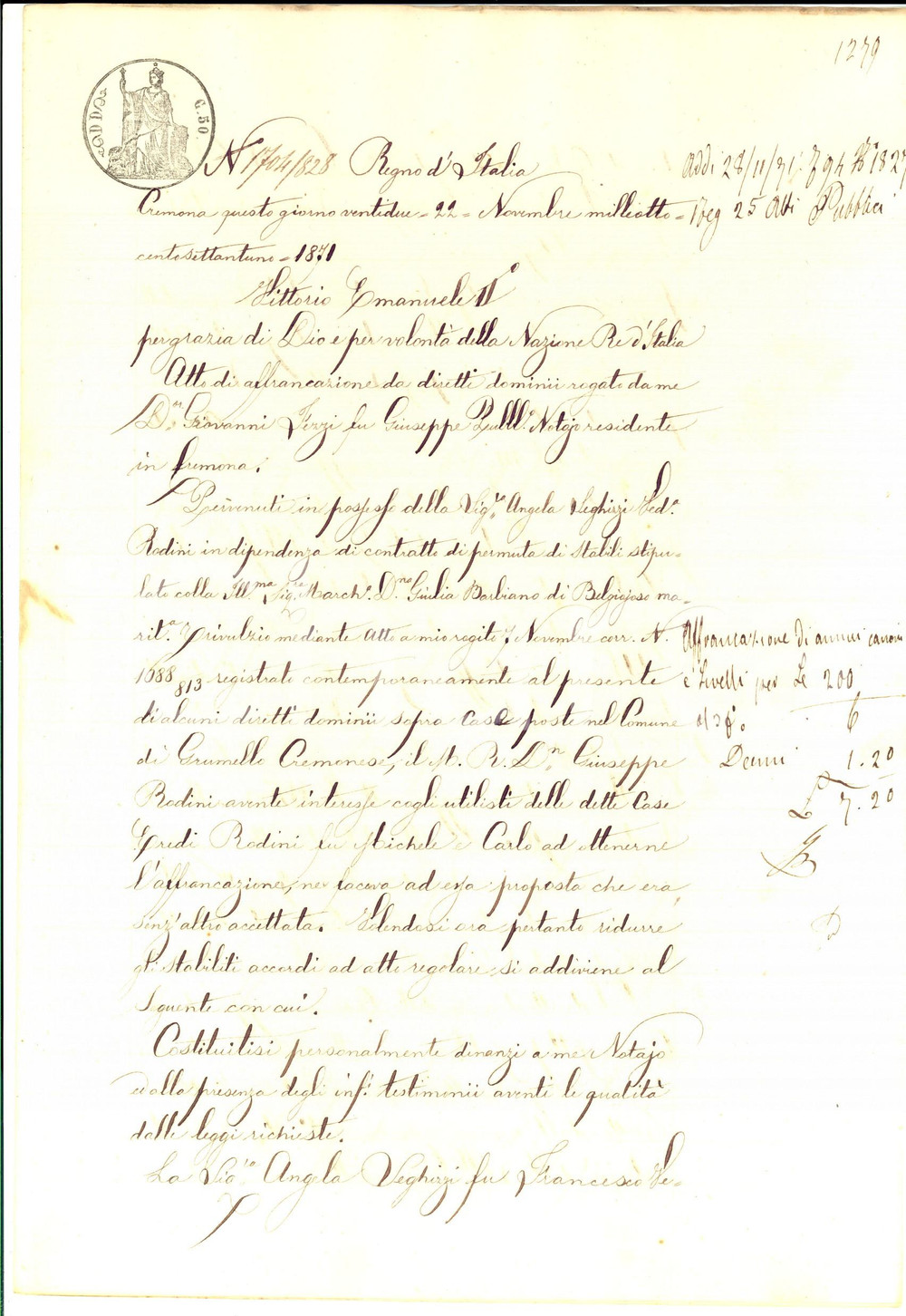Documento originale, autentico 1871 GRUMELLO CREMONESE Angela SEGHIZZI riceve saldo canone da Giuseppe RODINI 1