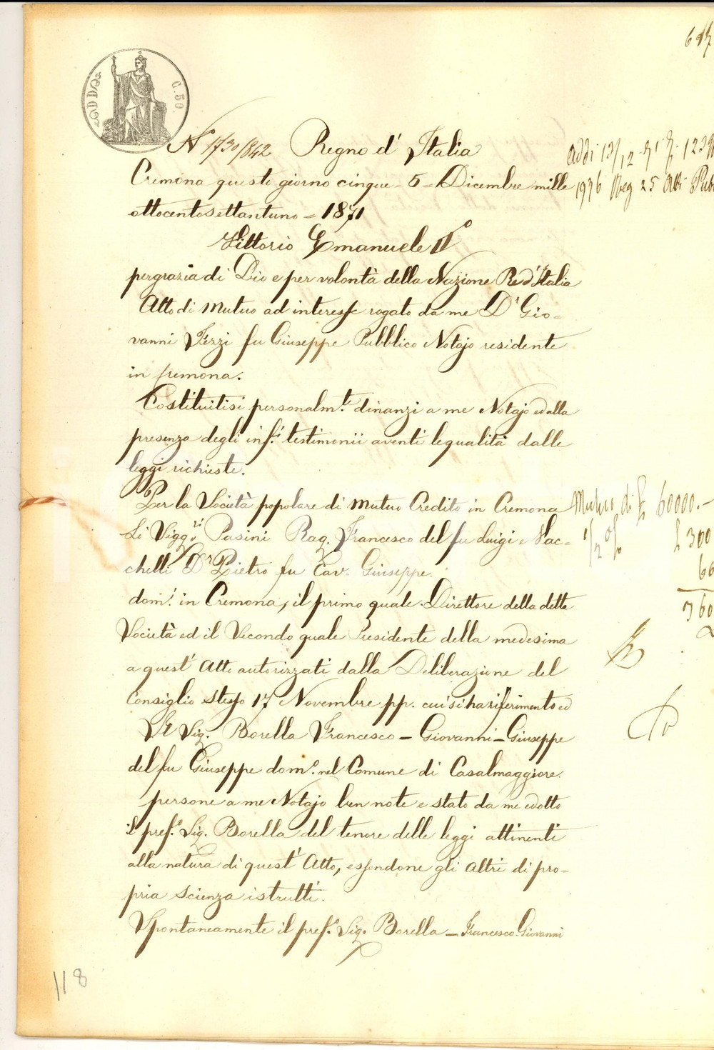 Documento originale, autentico 1871 CREMONA Prestito SocietÃ  Mutuo Credito a Francesco Giovanni BORELLA 1