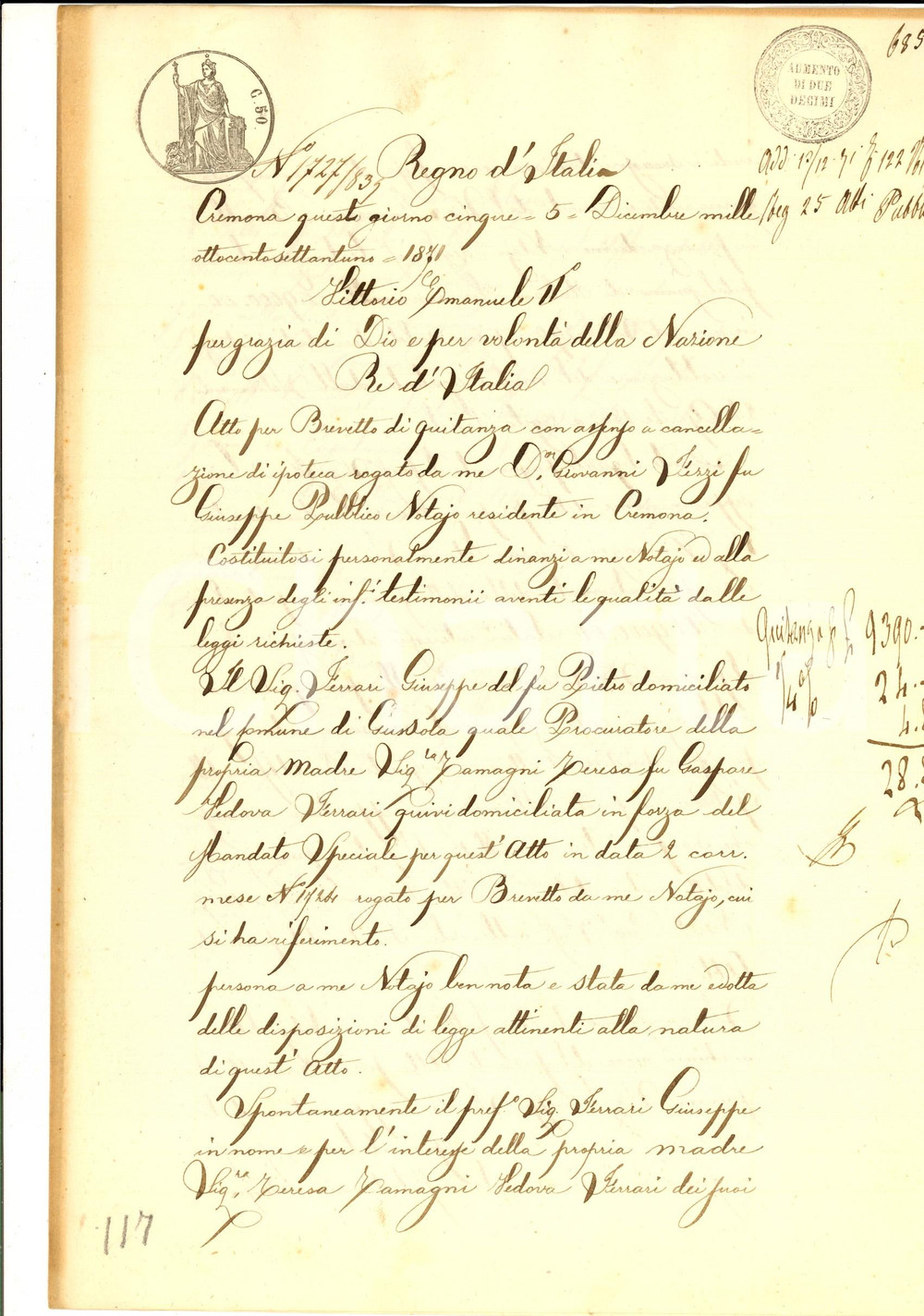 Documento originale, autentico 1871 CREMONA Quietanza Teresa TAMAGNI FERRARI a Francesco Giovanni BORELLA 1