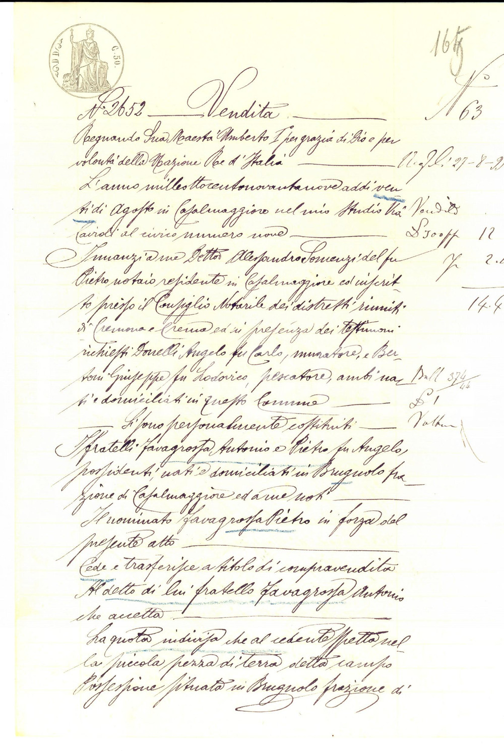 Documento originale, autentico 1899 BRUGNOLO CR Pietro FAVAGROSSA vende parte campo al fratello Antonio 1