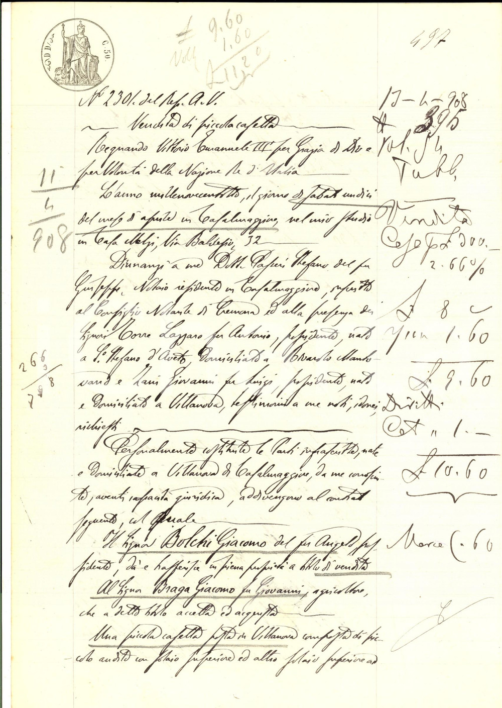 Documento originale, autentico 1908 VILLANOVA CR Giacomo BOLCHI vende casetta a Giacomo BRAGA Manoscritto 1