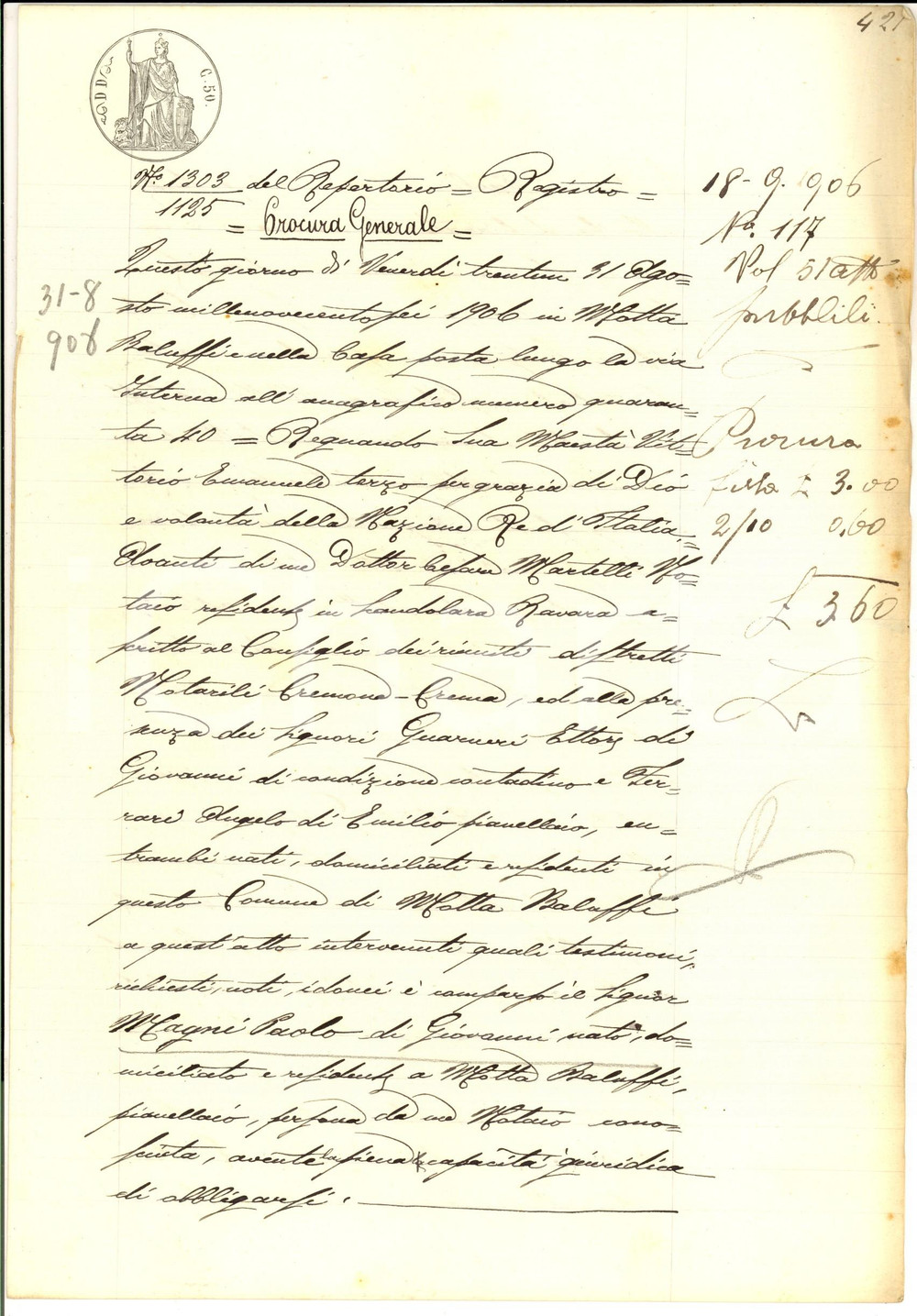 Documento originale, autentico 1906 MOTTA BALUFFI CR Procura generale di Paolo MAGNI a Carlo MARI 1