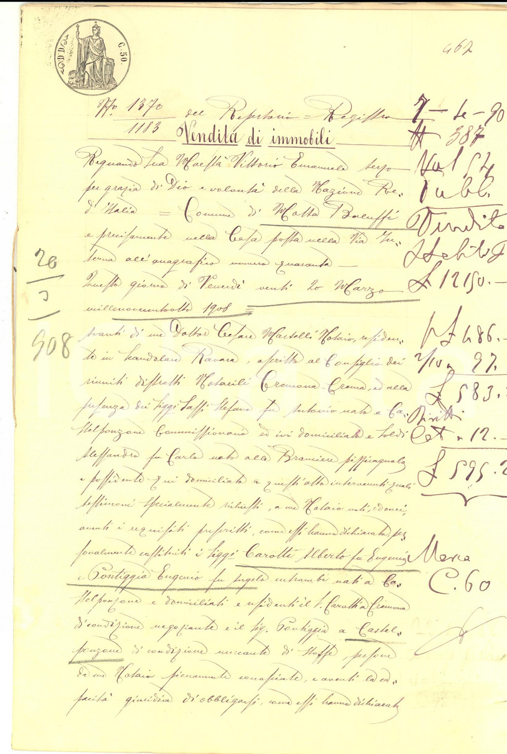Documento originale, autentico 1908 CASTELPONZONE CR Alberto CAROTTI vende casa e bottega a Eugenio PONTIGGIA 1