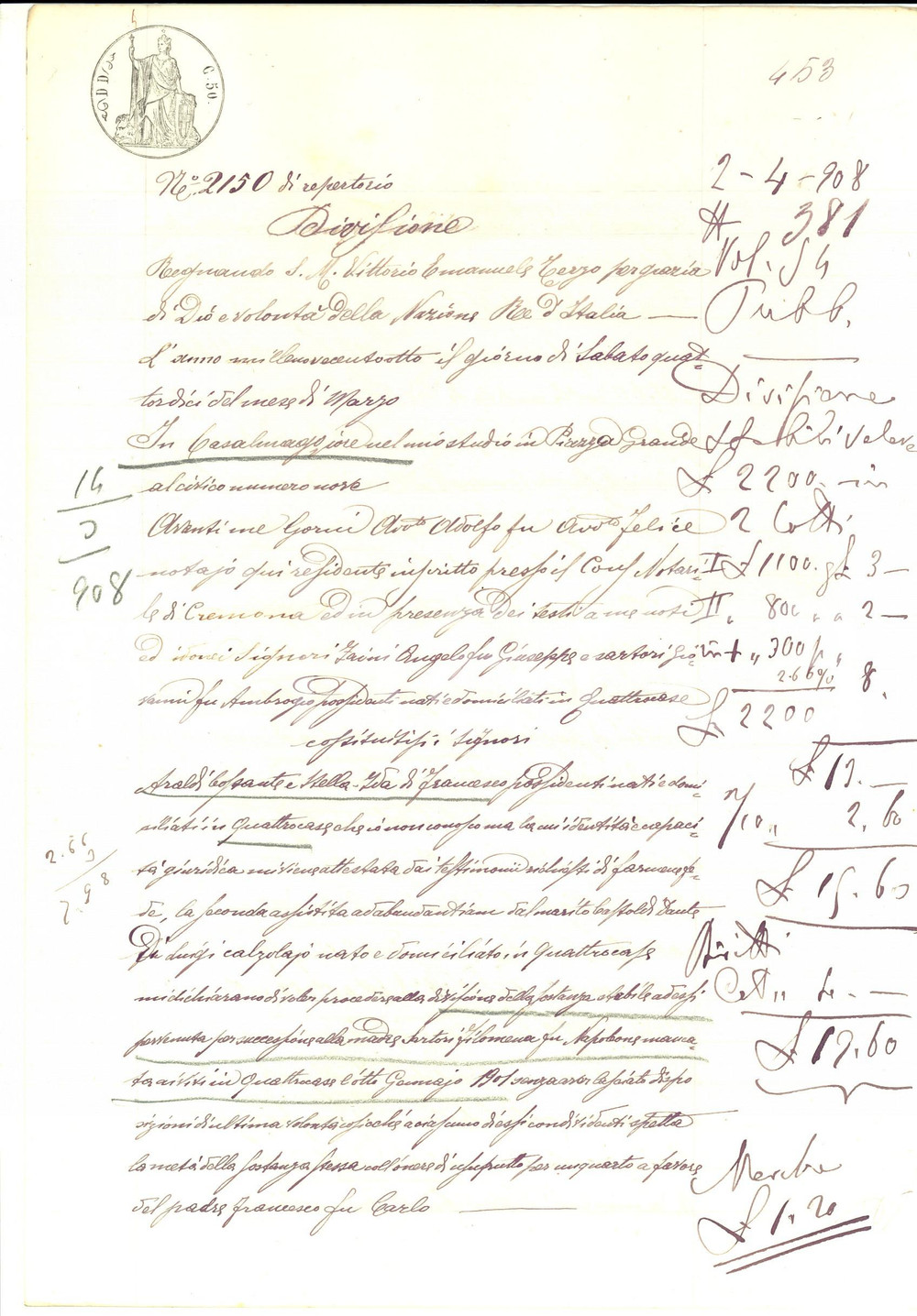 Documento originale, autentico 1908 QUATTRO CASE CR Divisione ereditaria Costante e Stella Ida ARALDI 1