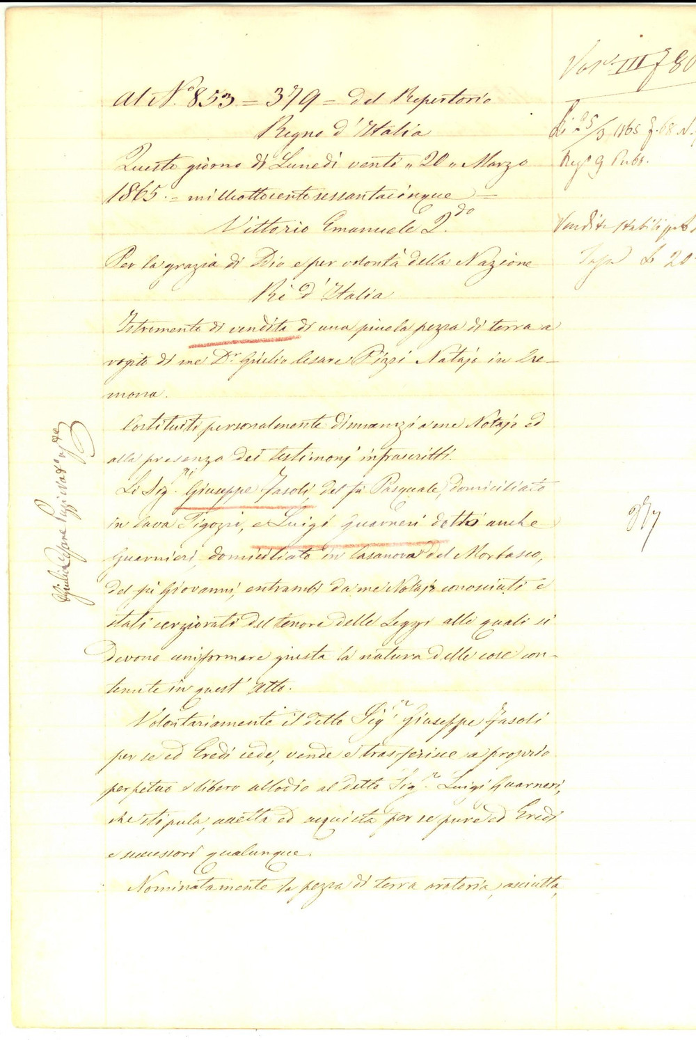 Documento originale, autentico 1865 CASANOVA DEL MORBASCO Giuseppe FASOLI vende terra a Luigi GUARNERI 1