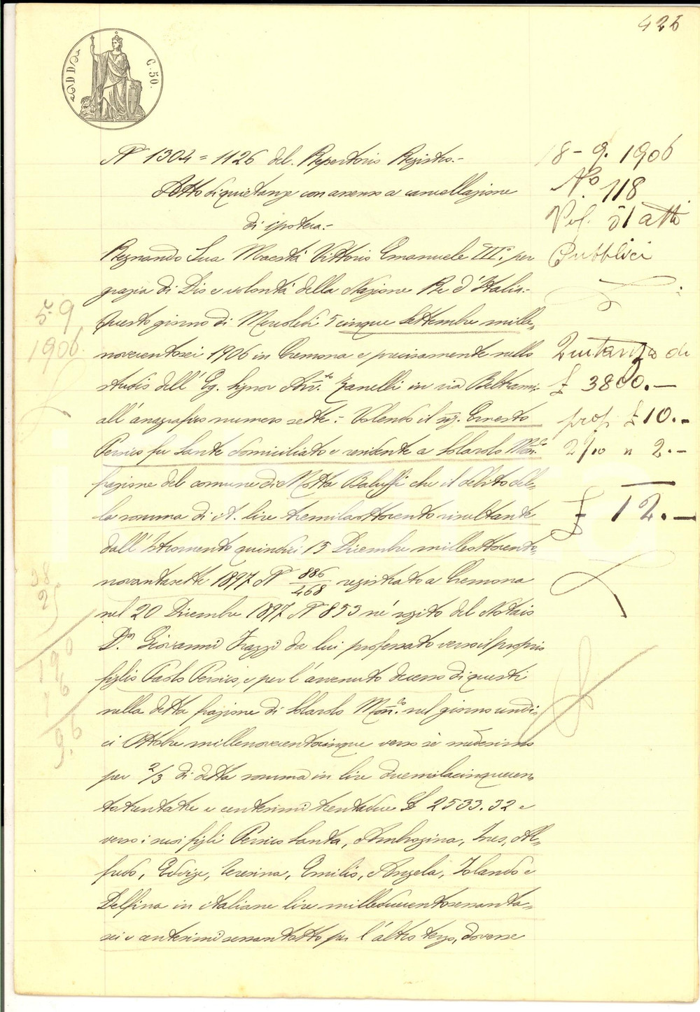 Documento originale, autentico 1906 SOLAROLO MONASTEROLO Quietanza pro Ernesto PERSICO debitore del figlio 1