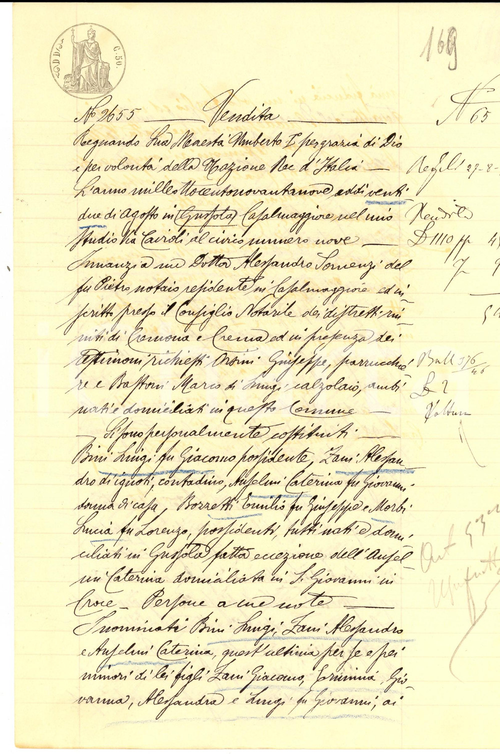 Documento originale, autentico 1899 GUSSOLA CR Fratelli BINI vendono a Emilio BOZZETTI campo PICCO 1
