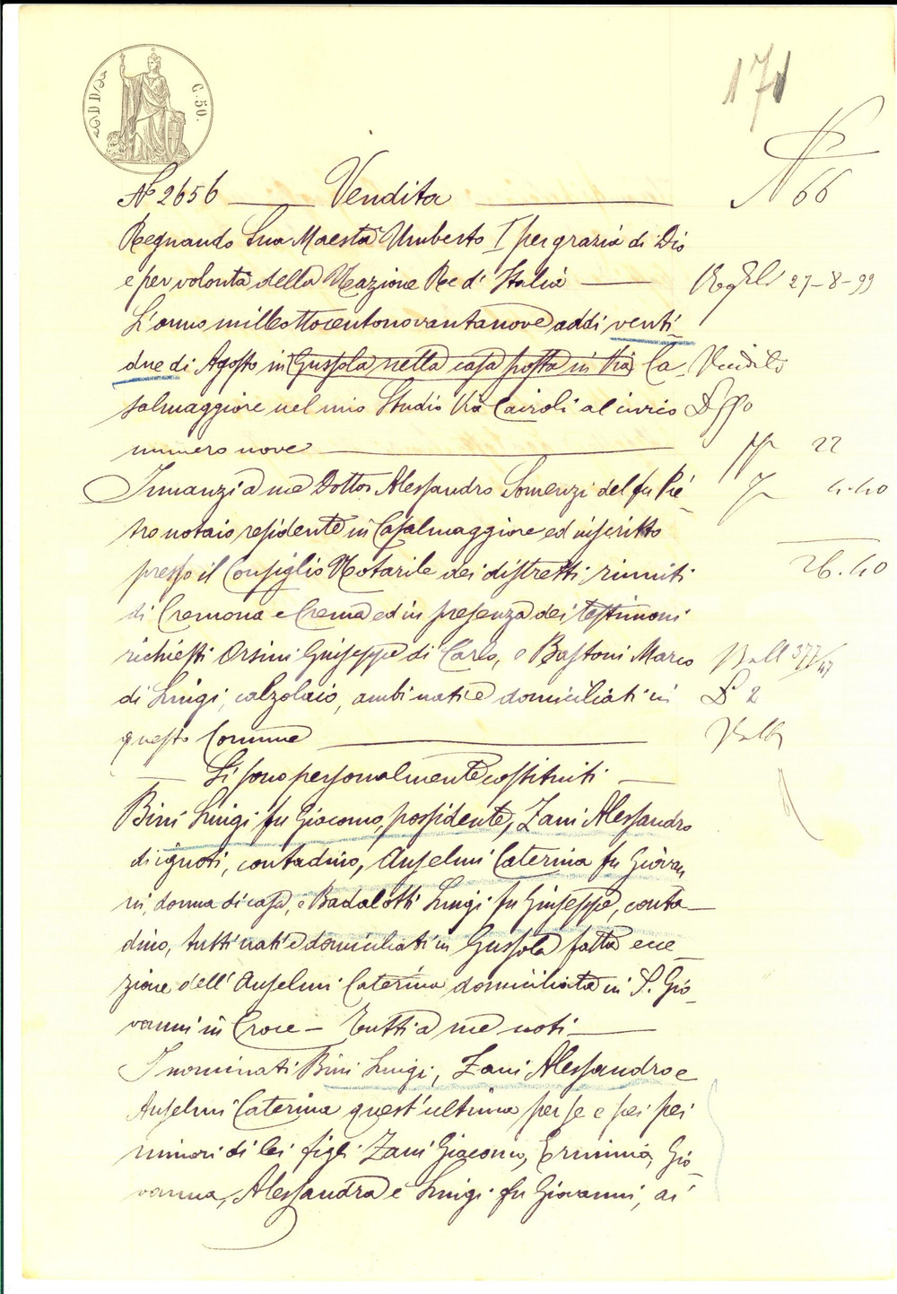 1899 GUSSOLA (CR) Fratelli BINI vendono parte di casa a Luigi BADALOTTI