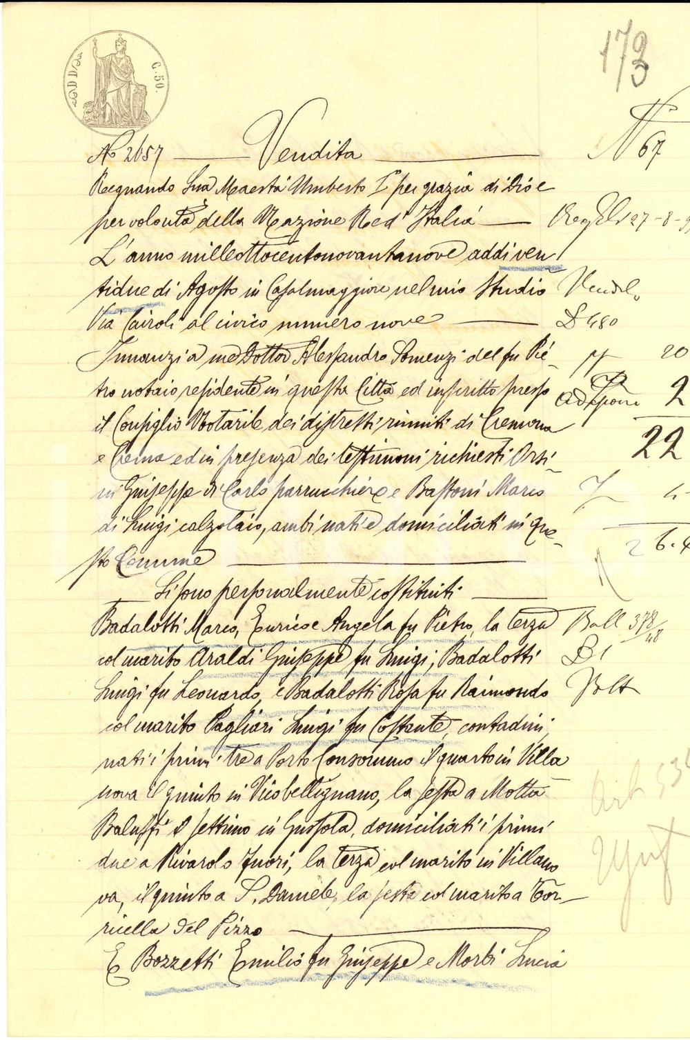 Documento originale, autentico 1899 GUSSOLA CR Fratelli BADALOTTI vendono a Emilio BOZZETTI parte campo PICCO 1