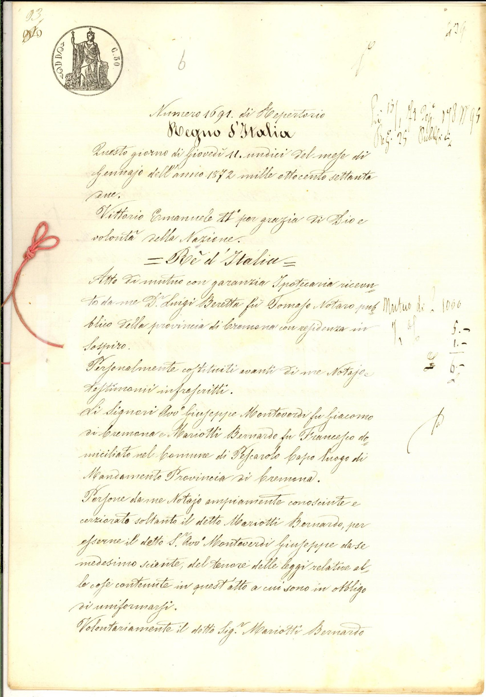 Documento originale, autentico 1872 CREMONA Prestito dell avv. Giuseppe MONTEVERDI a Bernardo MARIOTTI 1