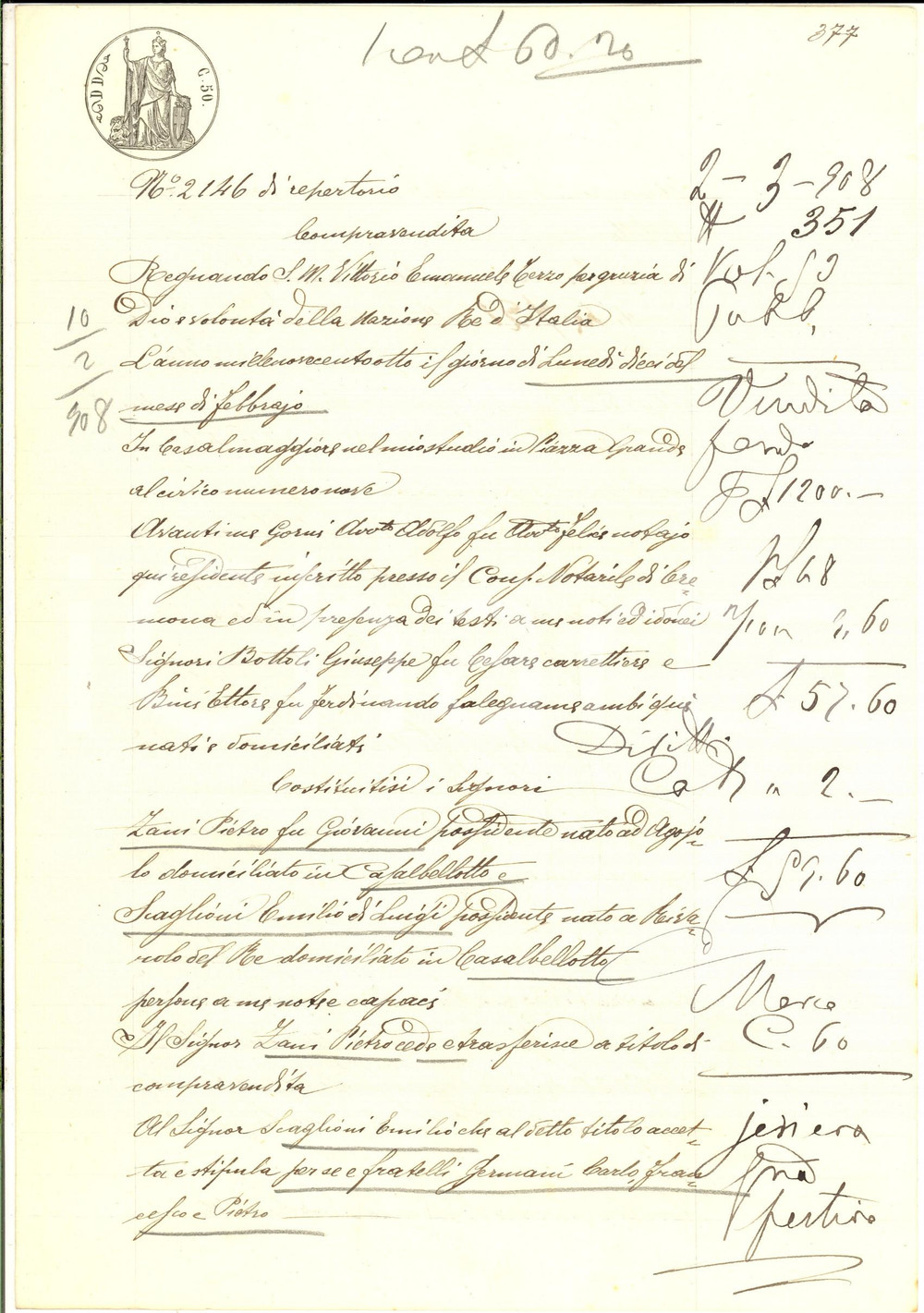 Documento originale, autentico 1908 CASALBELLOTTO CR Pietro ZANI vende piccolo terreno a Emilio SCAGLIONI 1