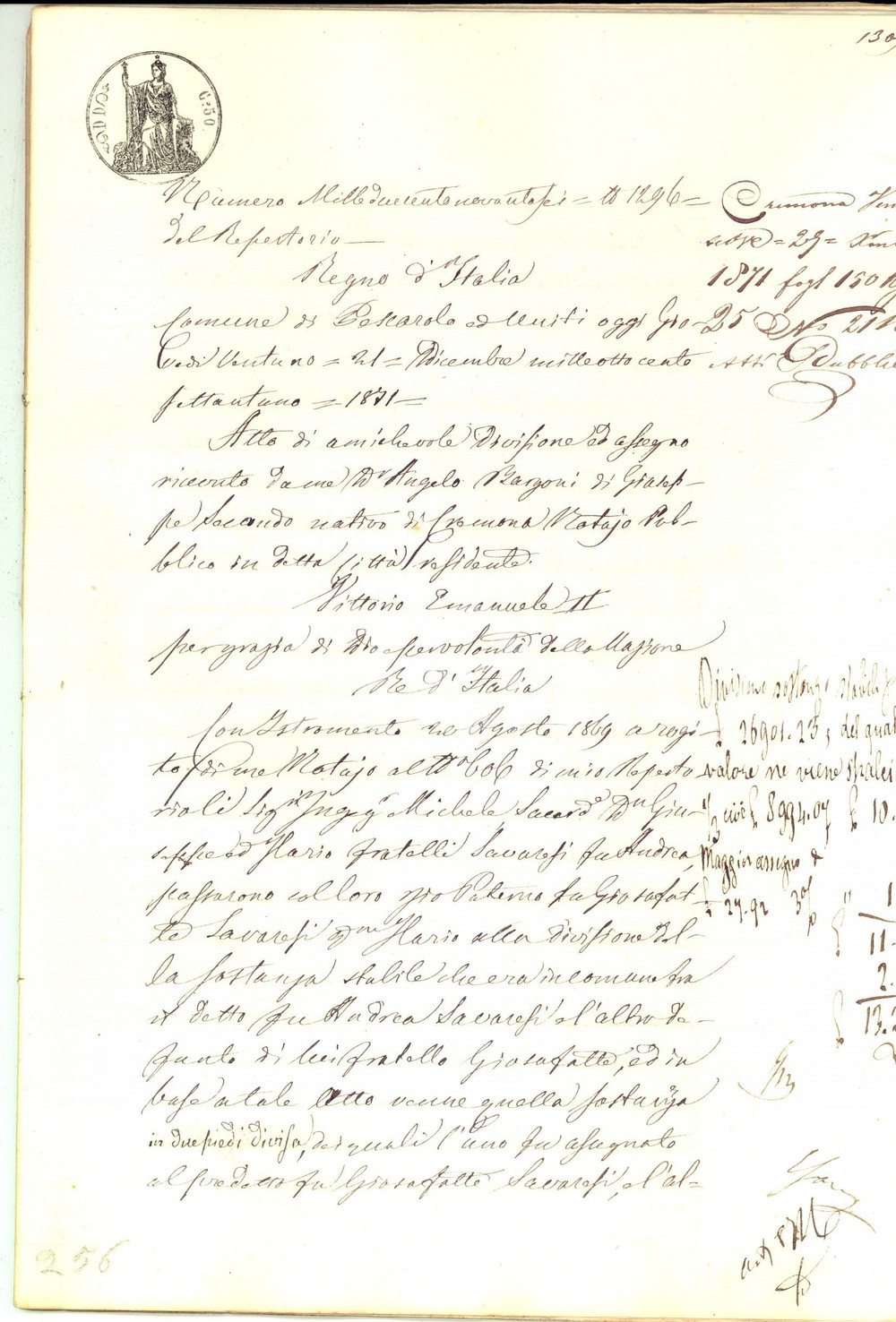 Documento originale, autentico 1871 PESCAROLO ED UNITI Divisione ereditaria tra Giuseppe e Ilario SAVARESI 1