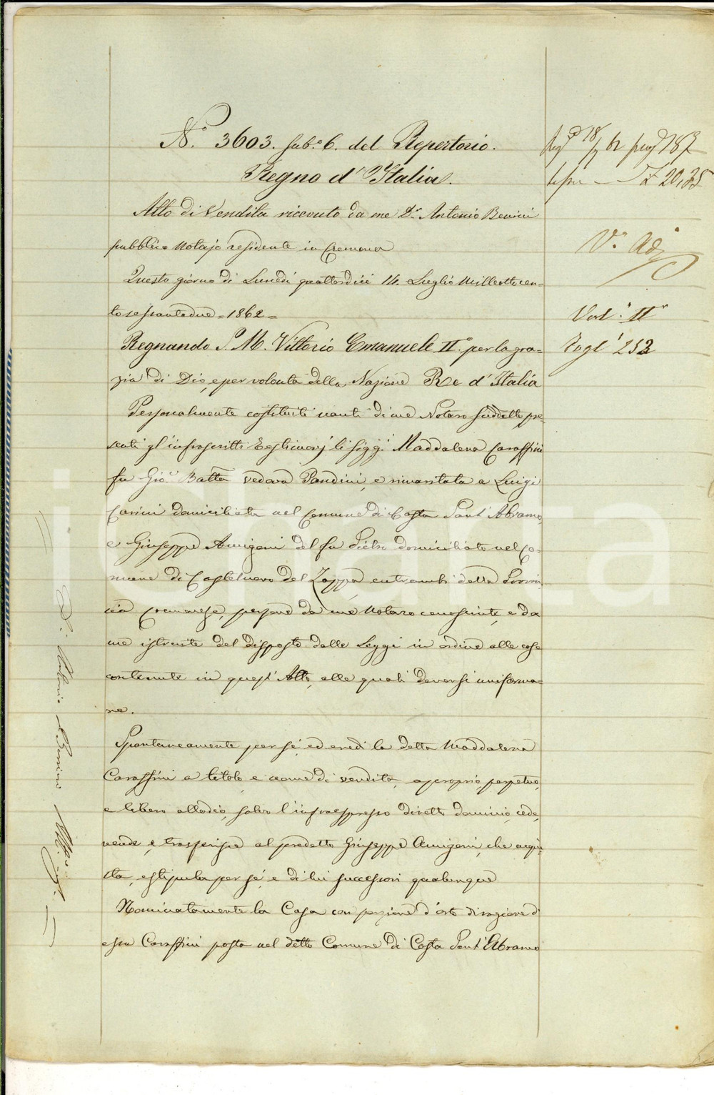 Documento originale, autentico 1862 COSTA SANT ABRAMO CR Maddalena CARASSINI vende casa a Giuseppe AMIGONI 1