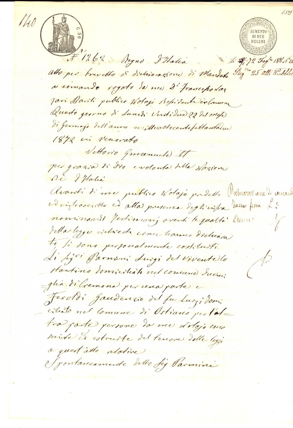 Documento originale, autentico 1871 OSTIANO CR Mandato a comando contratto Luigi PARMINI  Gaudenzio FEROLDI 1