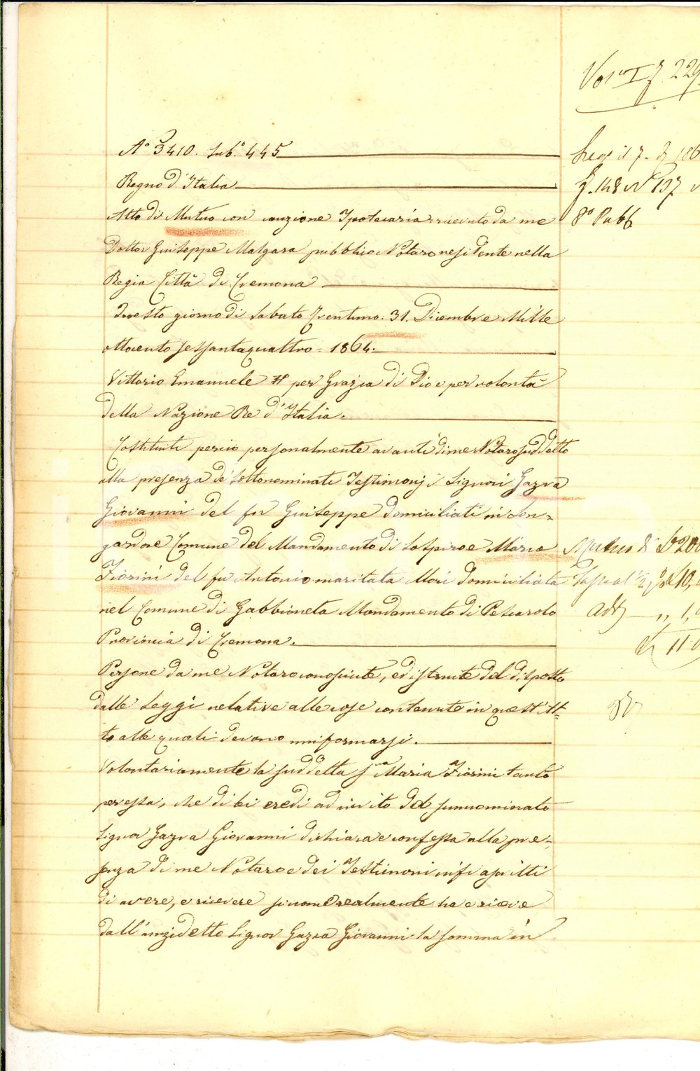 Documento originale, autentico 1864 LONGARDORE CR Prestito di Giovanni GAZZA a Maria FIORINI Manoscritto 1