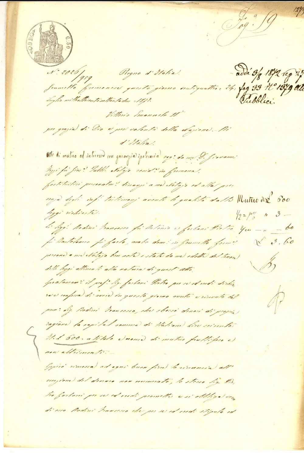 Documento originale, autentico 1872 GRUMELLO CREMONESE Prestito di Francesco RODINI a Pietro CORBARI 1