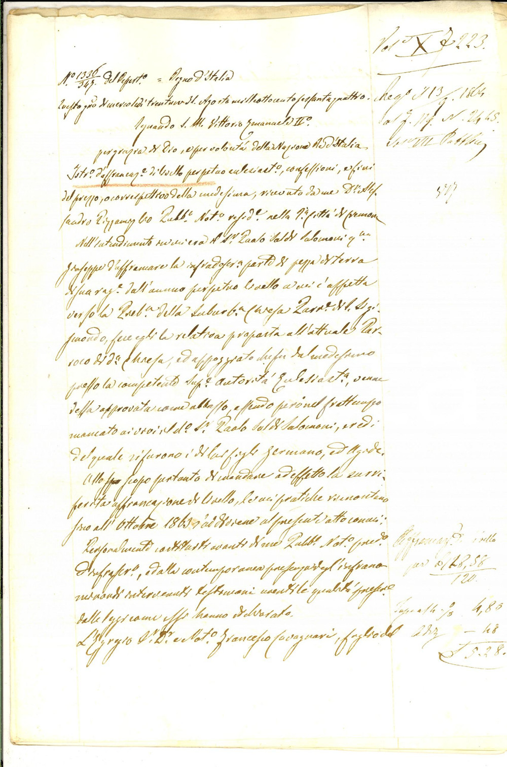 Documento originale, autentico 1864 SAN DANIELE PO Affrancazione livello su campo SGRABIANO fratelli SALOMONI 1