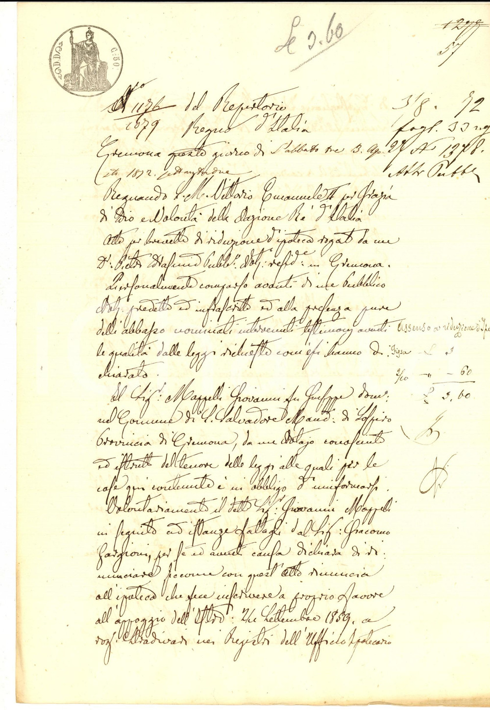 Documento originale, autentico 1872 SOSPIRO Giovanni MAPPELLI rinuncia a iscrizione contro Giacomo GARGIONI 1
