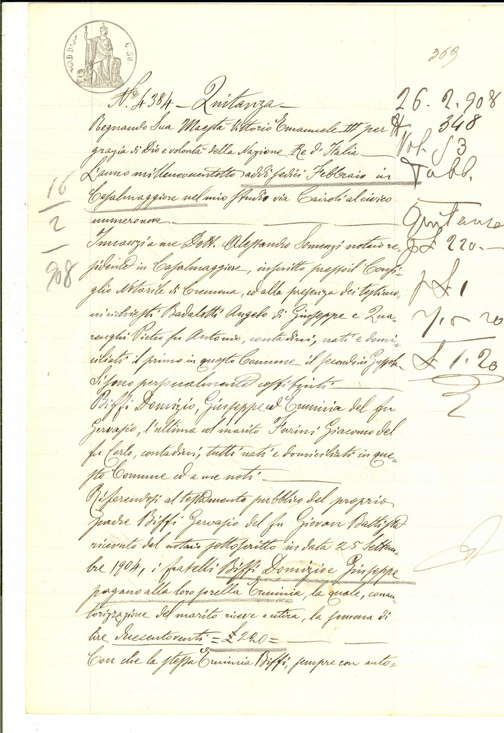 Documento originale, autentico 1908 CASALMAGGIORE Domizio e Giuseppe BIFFI saldano ereditÃ  alla sorella 1