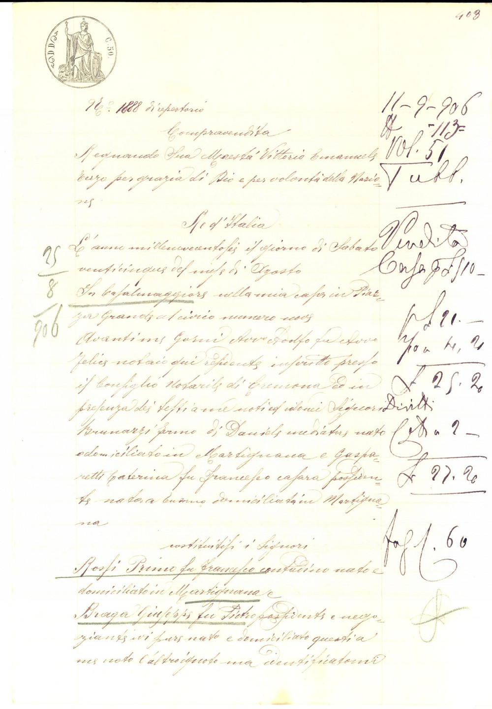 Documento originale, autentico 1906 MARTIGNANA DI PO Primo ROSSI vende casetta a Giuseppe BRAGA Manoscritto 1