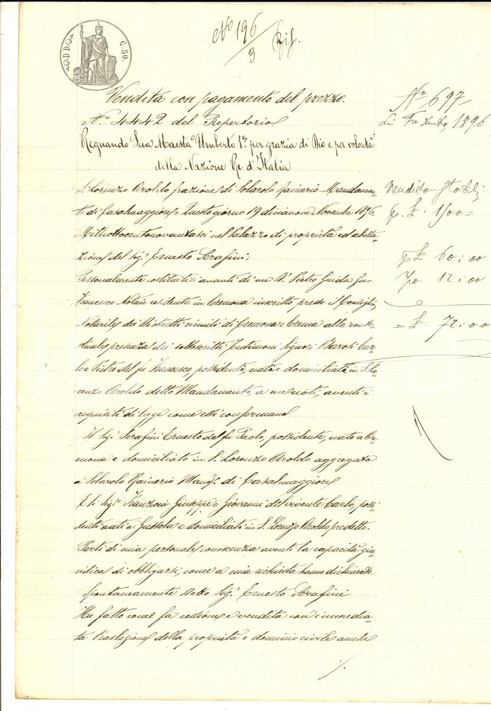 Documento originale, autentico 1896 CARUBERTO CR Ernesto SERAFINI vende ai fratelli FRANZONI campo PIROLO 1