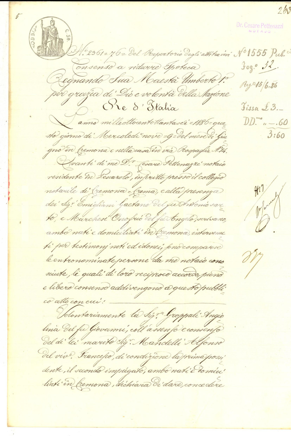 Documento originale, autentico 1886 CREMONA Riduzione garanzie per marchesa Orsola TRECCHI su terra CAMPAGNOLA 1