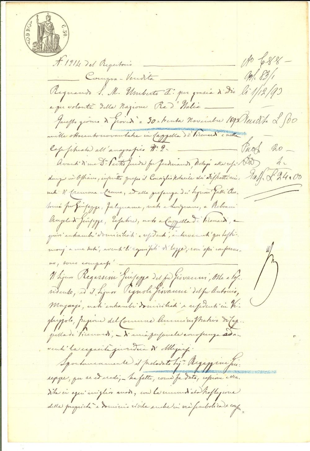 Documento originale, autentico 1893 VIGHIZZOLO CR Giuseppe REGAZZINI vende casa a Giovanni PIGNOLI 1
