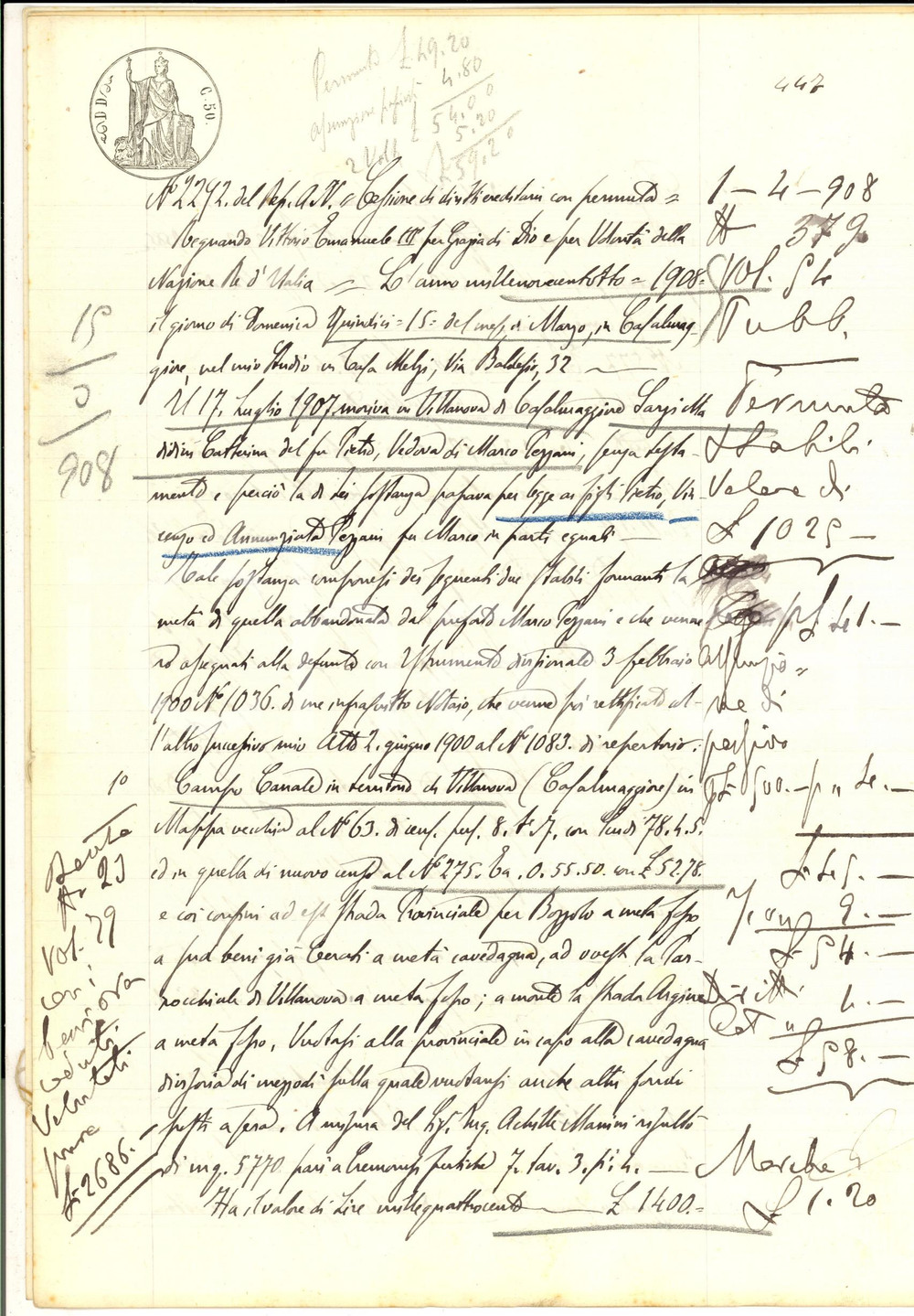 Documento originale, autentico 1908 CASALMAGGIORE Cessione diritti ereditari fratelli PEZZANI su campo CANALE 1