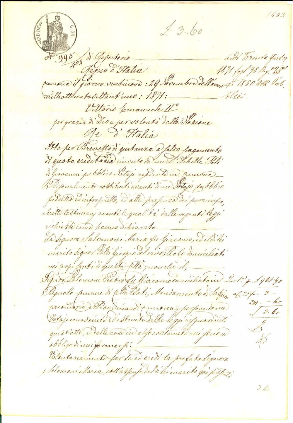 1871 PUGNOLO/ CELLA DATI Quietanza di Maria SALOMONI al fratello Pietro