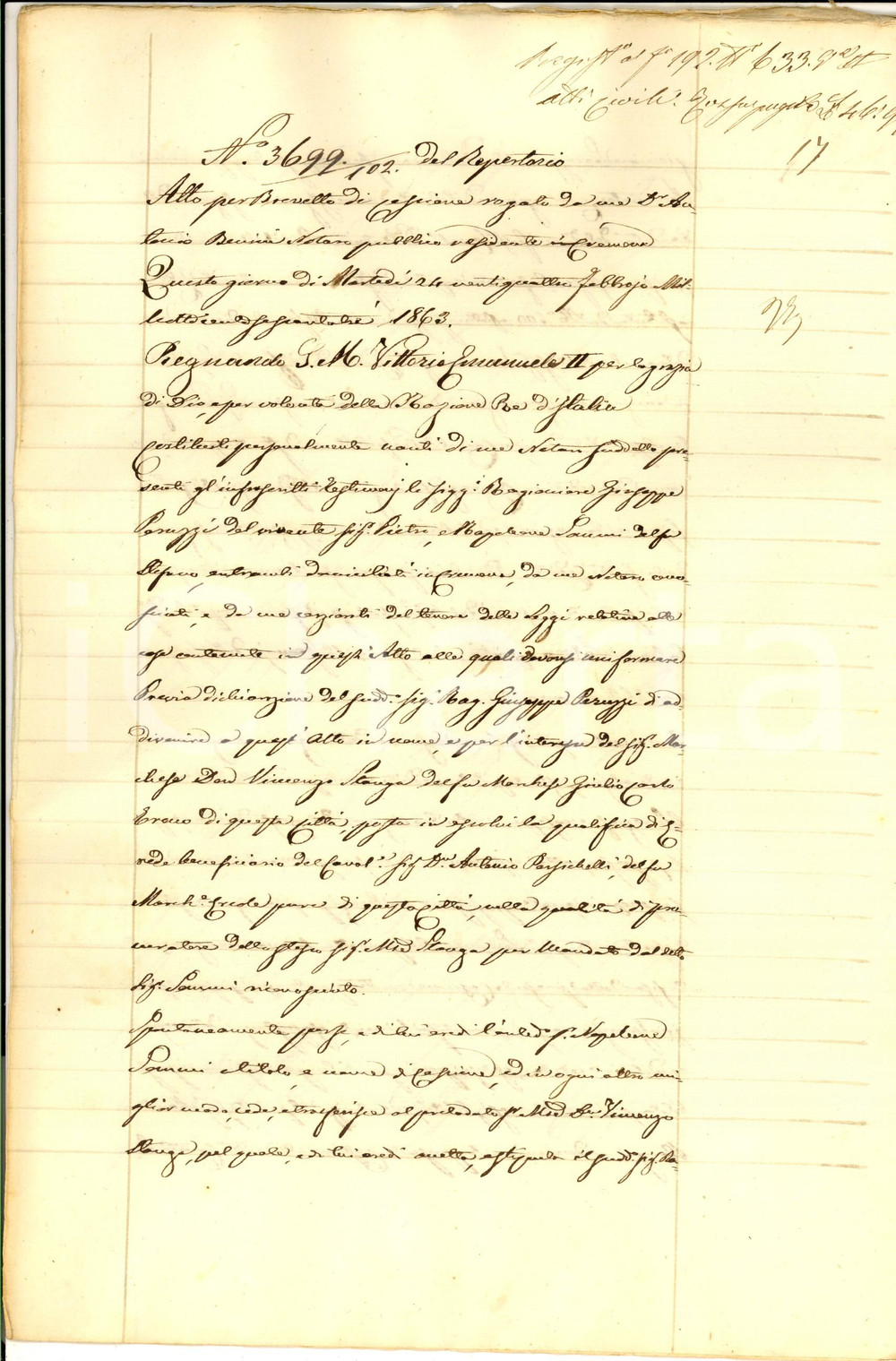 Documento originale, autentico 1863 CREMONA Cessione diritti riscossione Napoleone SOMMI a don Vincenzo STANGA 1