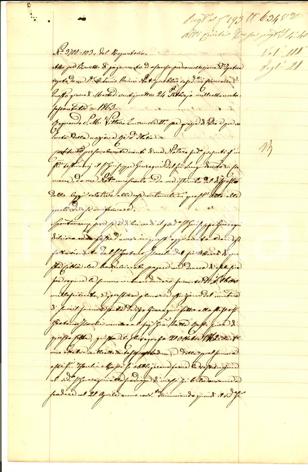 Documento originale, autentico 1863 CREMONA Quietanza di Giuseppe GUARAGNI a Gaetano ISACCHI Manoscritto 1