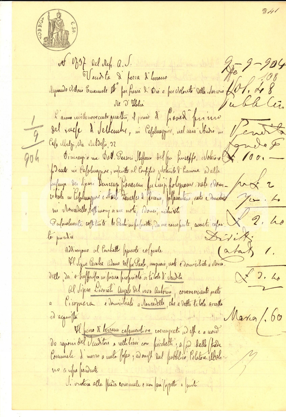 Documento originale, autentico 1904 RONCADELLO CR Adamo CAVALCA vende ad Angelo LIVORATI terreno casamentivo 1