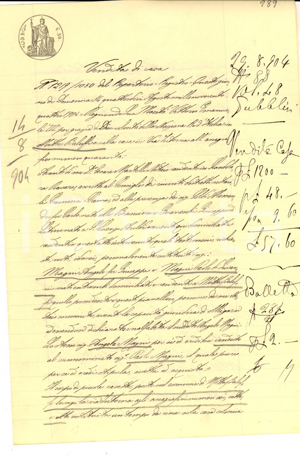 Documento originale, autentico 1904 MOTTA BALUFFI CR Angelo MAGNI vende piccole casette a Paolo MAGNI 1