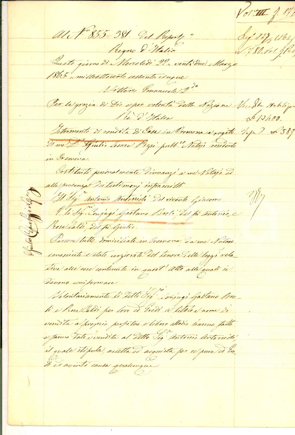 Documento originale, autentico 1865 CREMONA Gaetano BROLI vende casa in contrada Maestra ad Antonio ANTONIOLI 1
