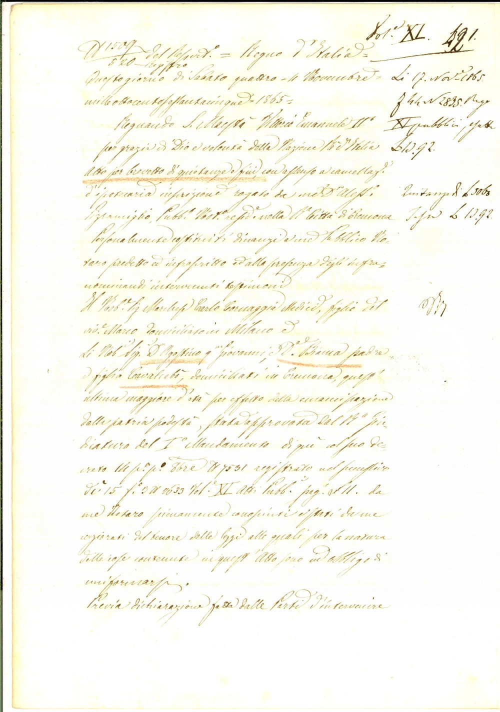 Documento originale, autentico 1865 CREMONA Quietanza donna Clara CAVALCABO  a Bartolomeo e Giacomo BOCCI 1