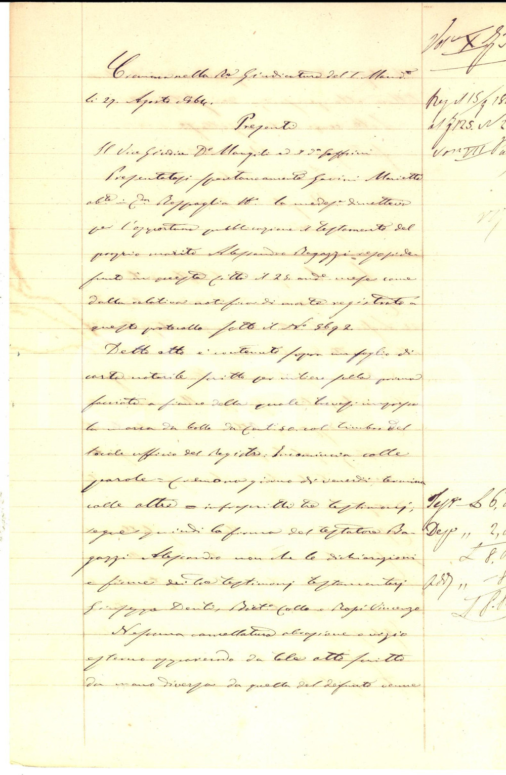 Documento originale, autentico 1864 CREMONA Testamento di Alessandro BAGAZZI pro amata moglie Maria GAVINI 1